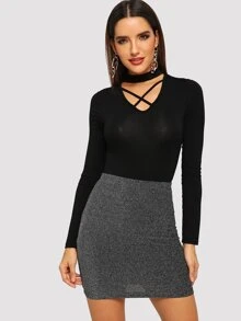 SHEIN BAE High Waist Metallic Bodycon Skirt - Dark Grey - View 4