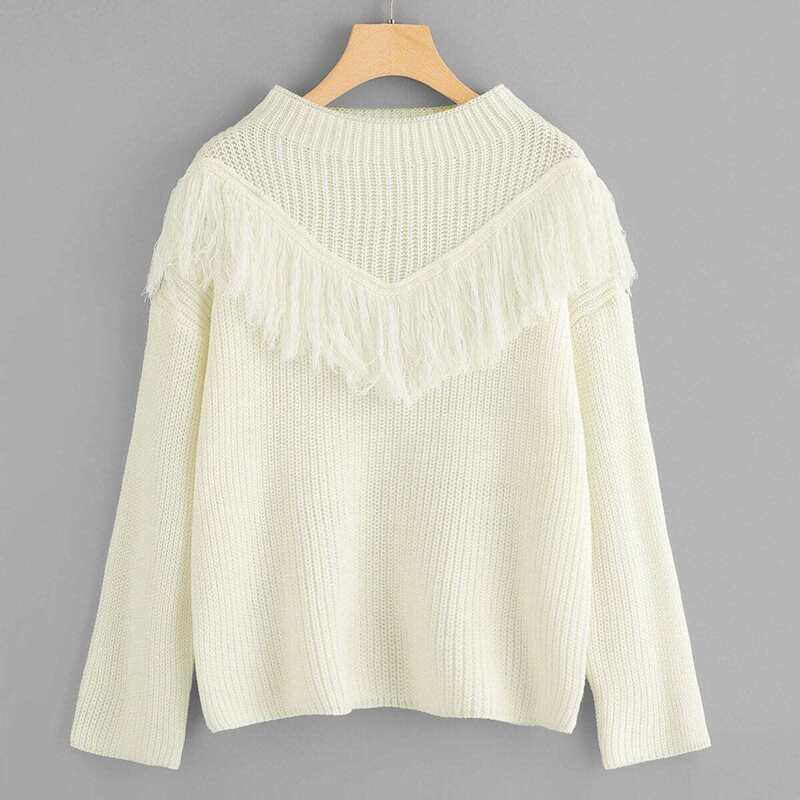 

Fringe Trim Embellished Solid Jumper, White
