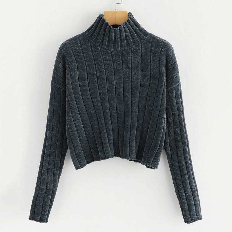 

High Neck Rib Knit Chenille Sweater, Navy