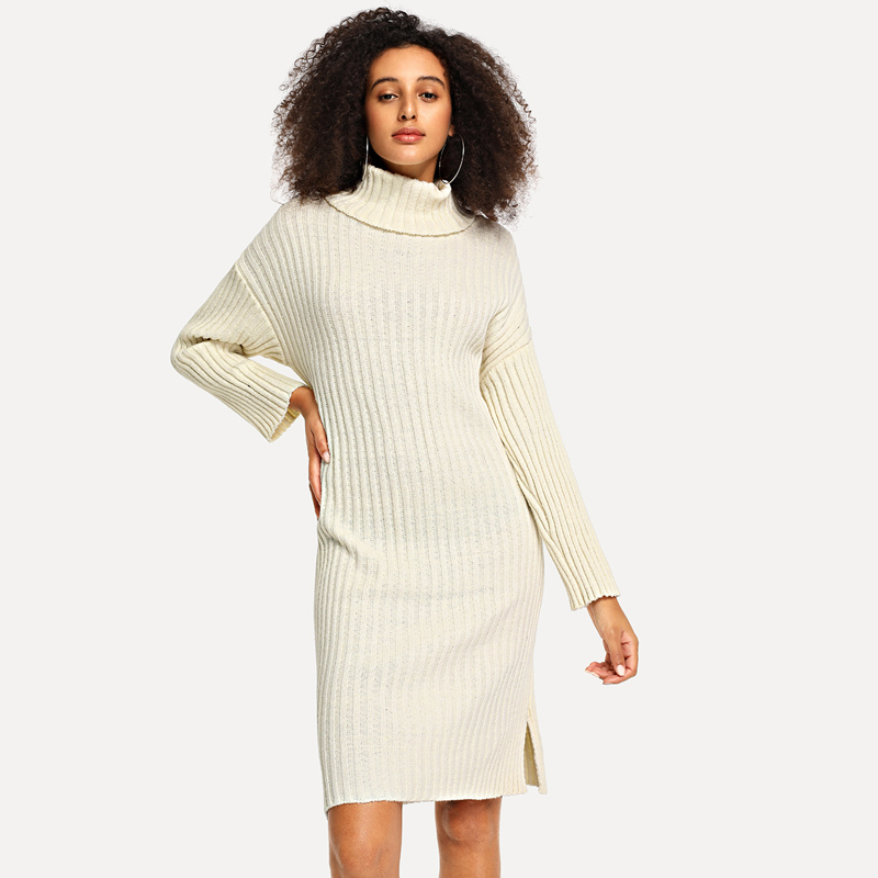 

High Neck Slit Hem Sweater Dress, White