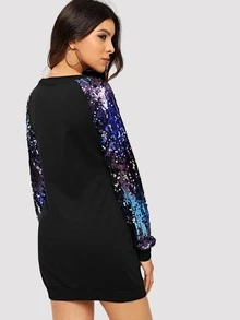 Raglan Sequin Sleeve Sweatshirt Dress - Black - View 3