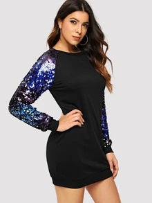 Raglan Sequin Sleeve Sweatshirt Dress - Black - View 5