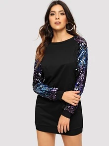 Raglan Sequin Sleeve Sweatshirt Dress - Black - View 2