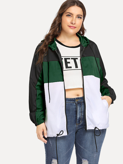 Plus Drawstring Color-block Jacket