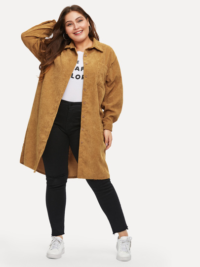 Plus Solid Longline Corduroy Shirt Coat