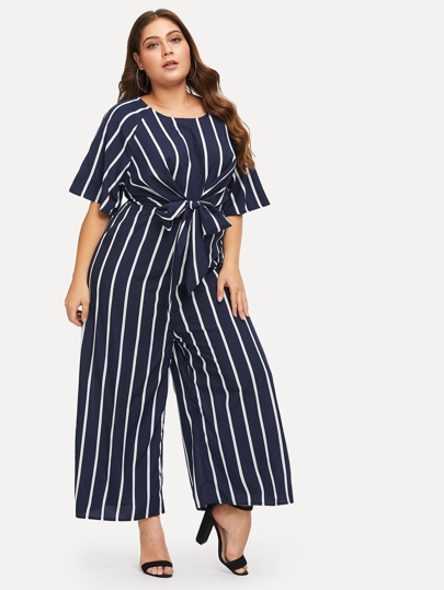 Plus Knot Front Striped Wide Leg Jumpsuit pictures