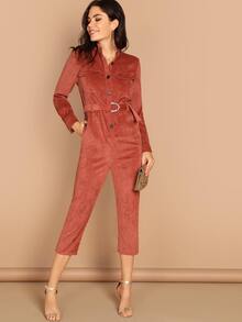 Button & Pocket Front Belted Solid Utility Jumpsuit