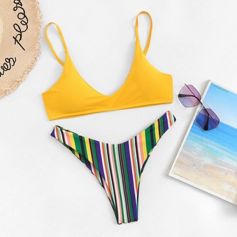 

Random Striped Mix and Match High Leg Bikini, Multicolor