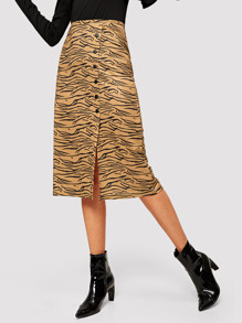 Button Side Zebra Print Skirt