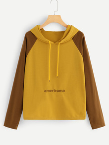Letter Embroidered Cut And Sew Drawstring Hoodie