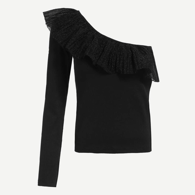 

One Shoulder Ruffle Trim Tee, Black