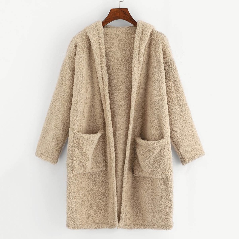 

Pocket Front Solid Teddy Outerwear, Khaki
