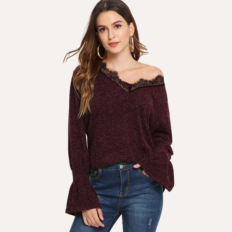 

Contrast Lace V-neck Sweater, Burgundy