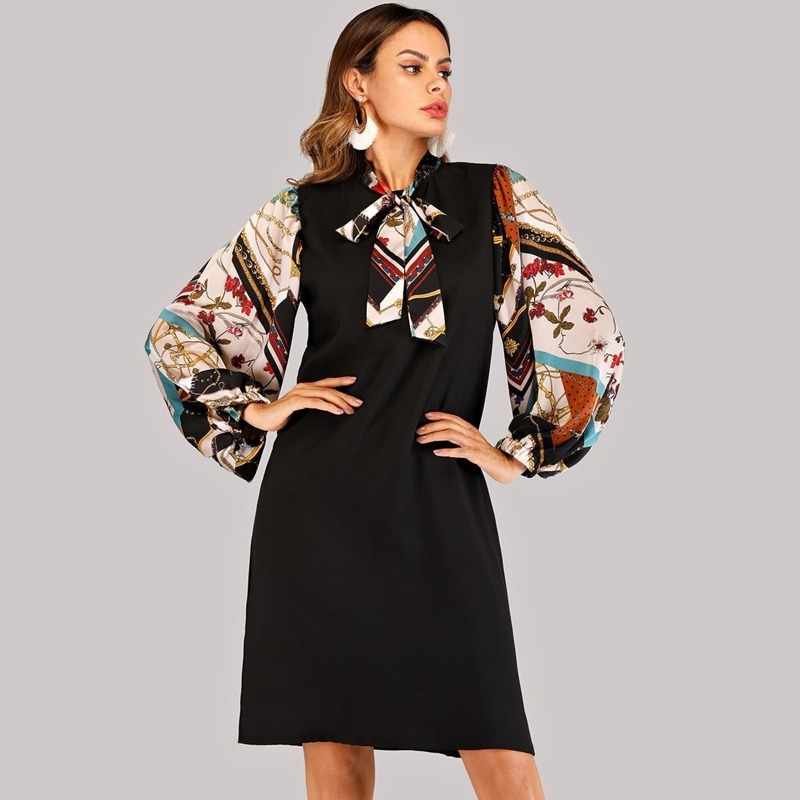

Tie Neck Scarf Print Sleeve Dress, Multicolor