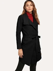 Self Tie Waist Tweed Coat - Black - View 3
