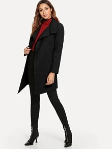 Self Tie Waist Tweed Coat - Black - View 4