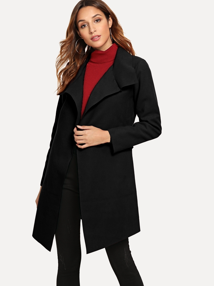 Self Tie Waist Tweed Coat - Black - View 1