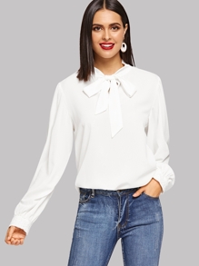 Contrast Lace Tie Neck Solid Shirt