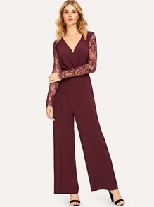Mesh Sleeve Surplice Wrap Jumpsuit