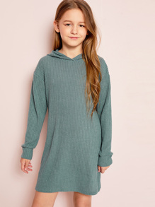 Girls Solid Rib-Knit Hooded Dress