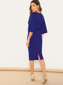 SHEIN Split Flutter Sleeve Self Tie Pencil Dress - Navy Blue - View 2