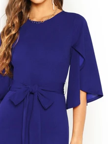 SHEIN Split Flutter Sleeve Self Tie Pencil Dress - Navy Blue - View 5