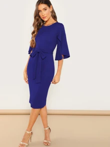 SHEIN Split Flutter Sleeve Self Tie Pencil Dress - Navy Blue - View 1
