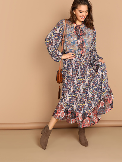 Plus Mixed Print Tie Neck Dress pictures