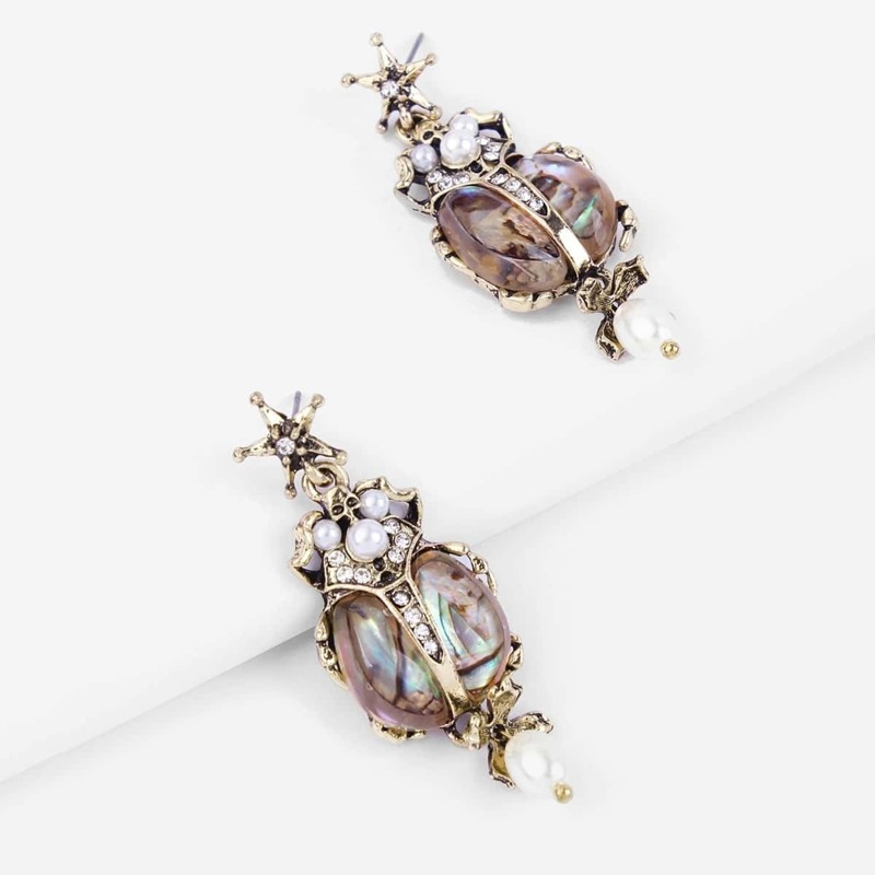 

Rhinestone Engraved Insect Shaped Drop Earrings 1pair, Gold