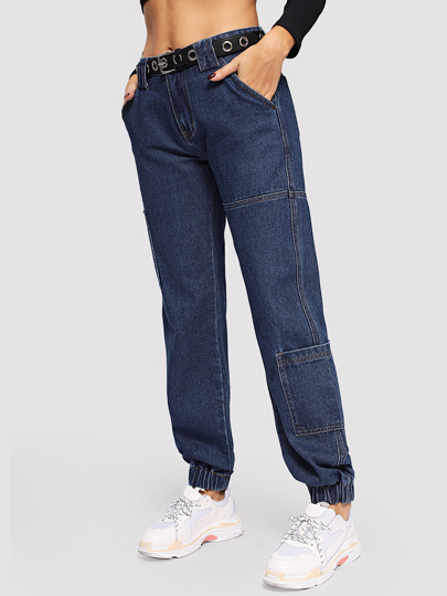 Elastic Hem Tapered Leg Jeans Without Belted pictures