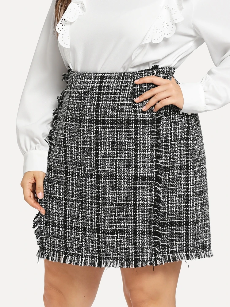 Plus Frayed Trim Tweed Skirt | SHEIN USA