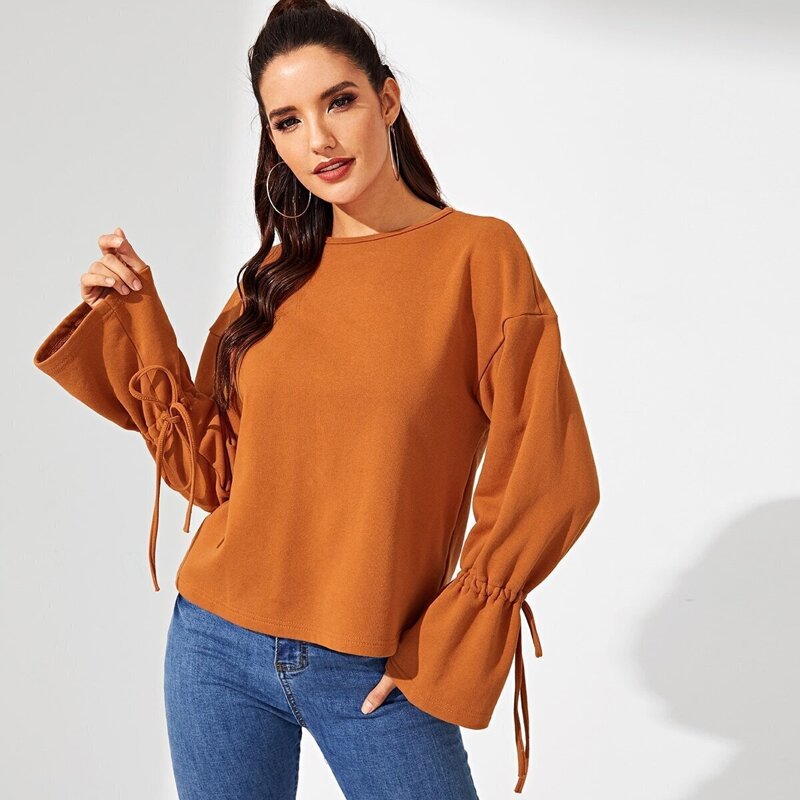 

Knot Bell Sleeve Solid Pullover, Brown