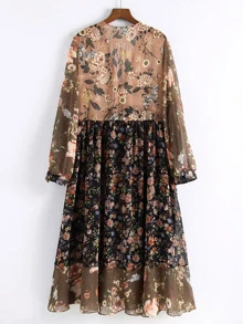 Floral Spliced Covered Button Ruffle Hem Dress - Multicolor - View 2