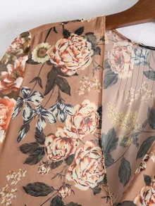 Floral Spliced Covered Button Ruffle Hem Dress - Multicolor - View 5