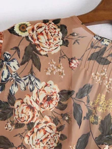 Floral Spliced Covered Button Ruffle Hem Dress - Multicolor - View 4