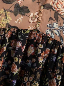 Floral Spliced Covered Button Ruffle Hem Dress - Multicolor - View 6