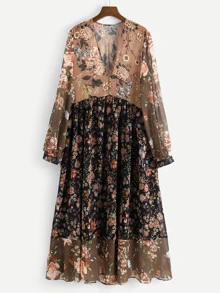 Floral Spliced Covered Button Ruffle Hem Dress - Multicolor - View 1