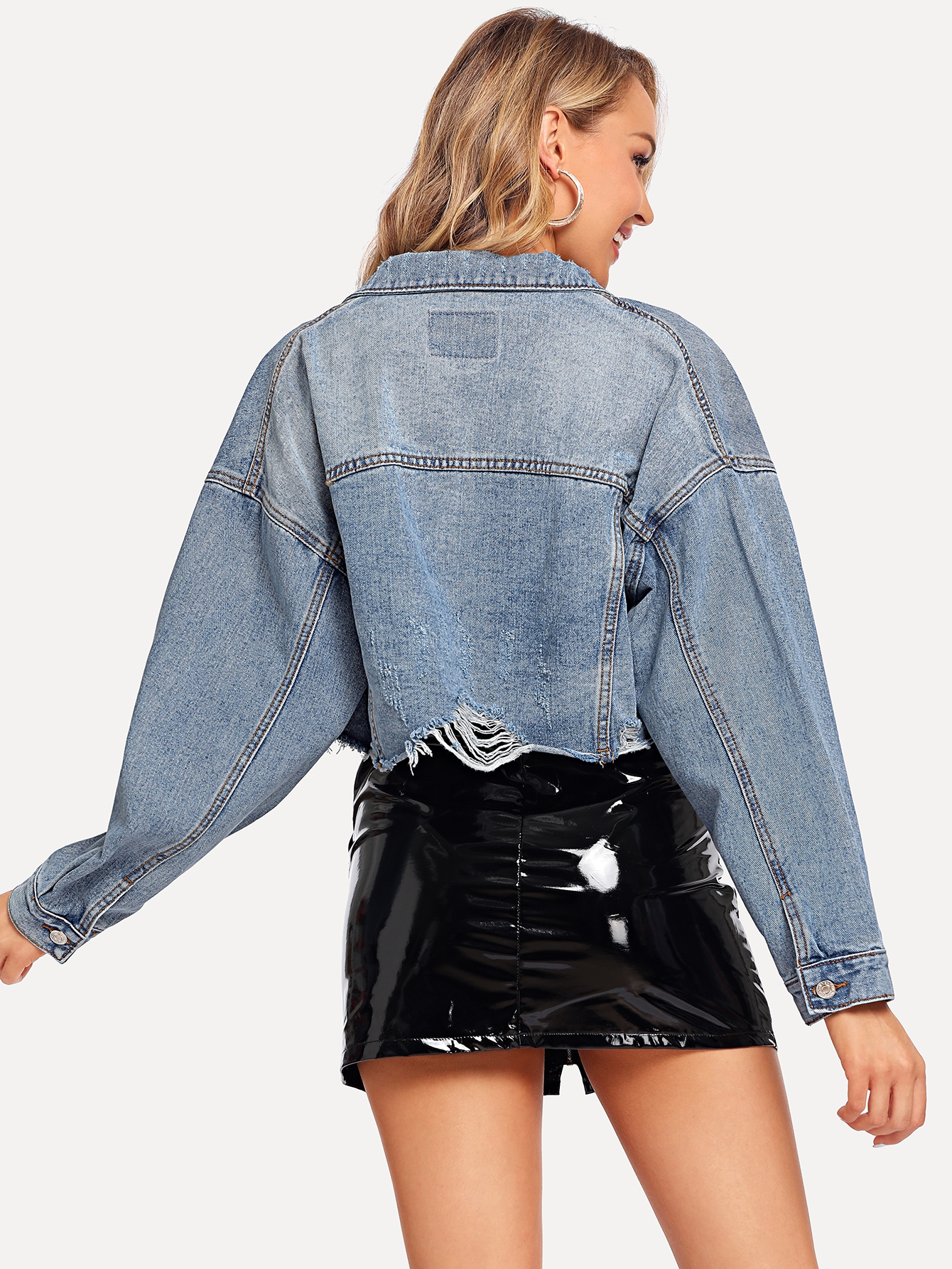 Veste en jean courte avec poches et ourlet effiloché ...