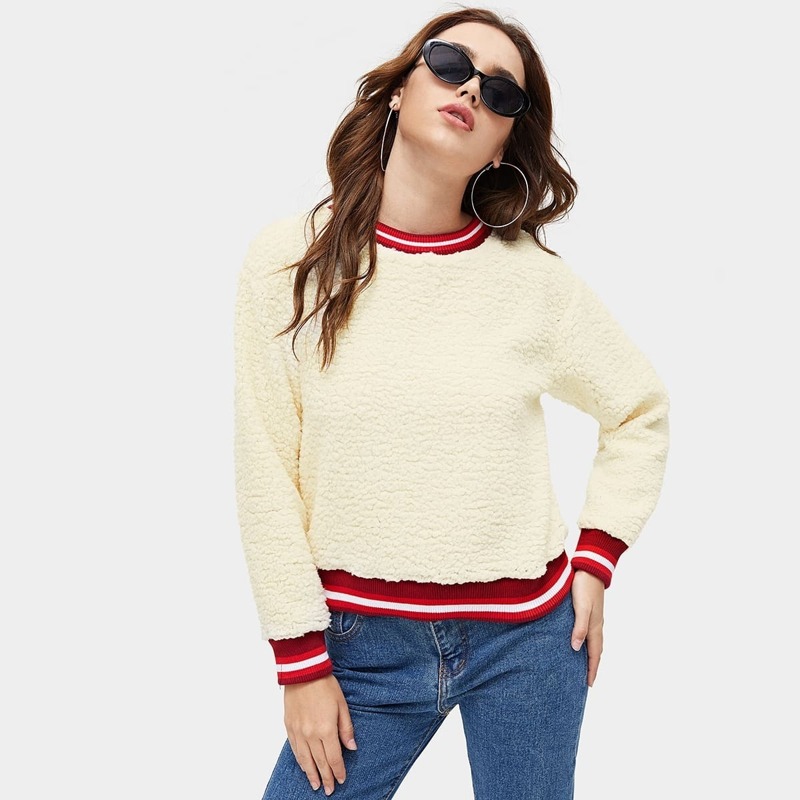 

Contrast Trim Teddy Sweatshirt, Beige
