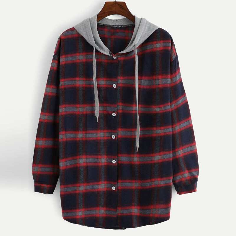 

Plus Contrast Panel Plaid Hooded Blouse, Multicolor