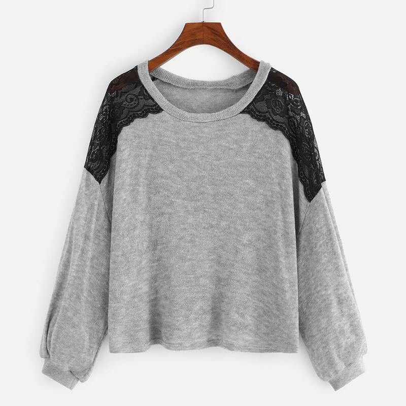 

Contrast Lace Drop Shoulder Sweater, Grey