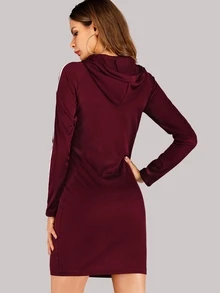 Contrast Tape Hooded Sweat Dress - Burgundy - View 2