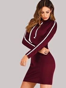 Contrast Tape Hooded Sweat Dress - Burgundy - View 5