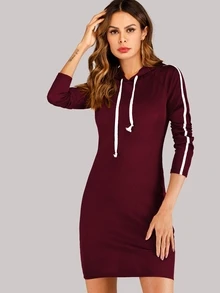 Contrast Tape Hooded Sweat Dress - Burgundy - View 6