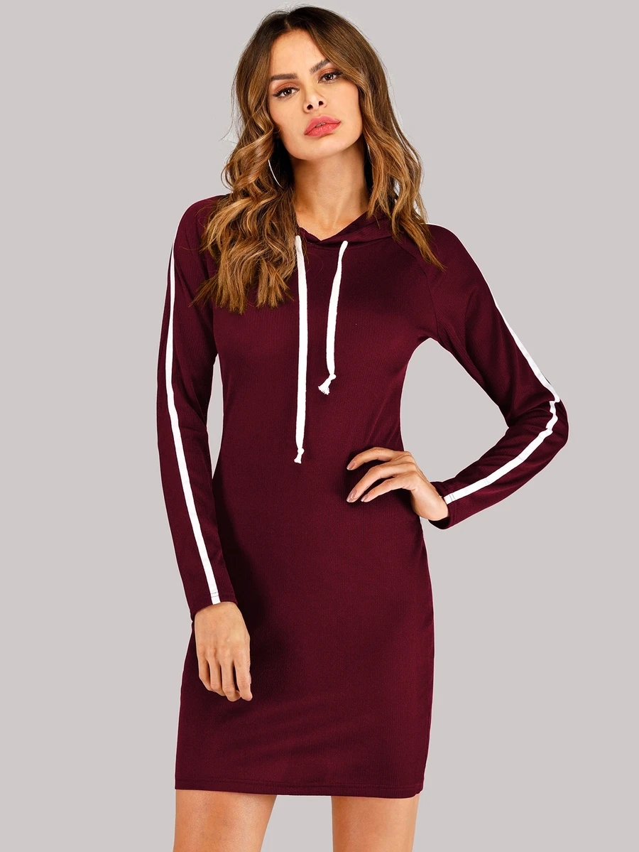 Contrast Tape Hooded Sweat Dress - Burgundy - View 1