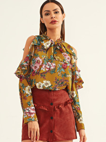 Open Shoulder Flounce Trim Floral Top