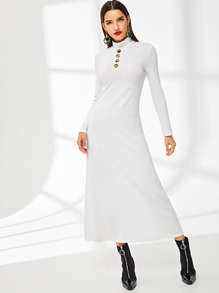 Button Embellished Rib Knit Dress