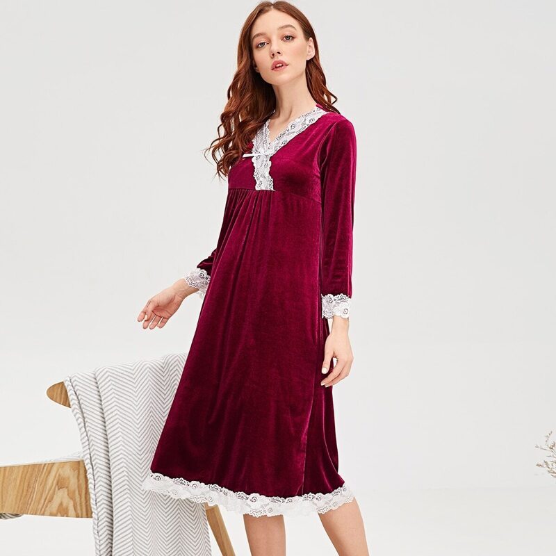 

Contrast Lace Trim Night Dress, Burgundy