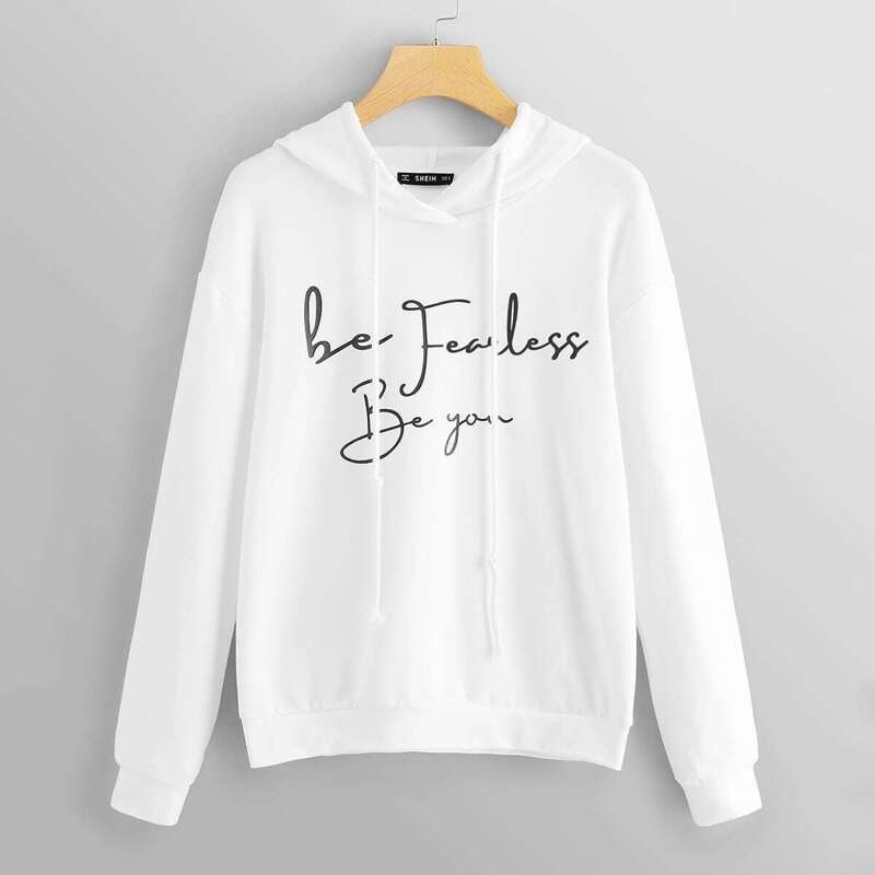 

Drop Shoulder Slogan Print Hoodie, White