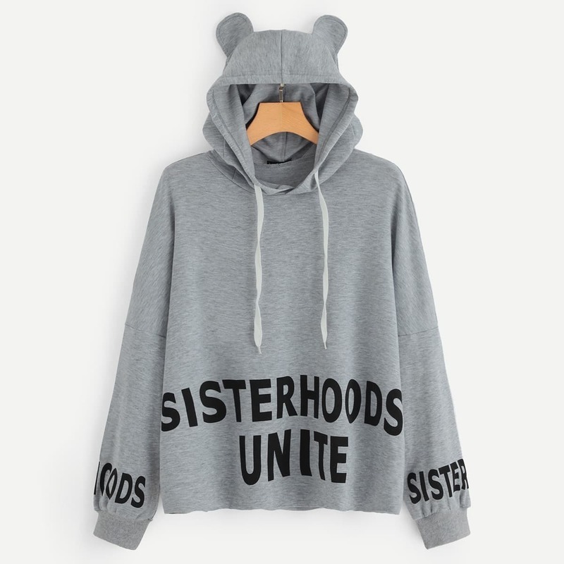 

Drawstring Letter Hoodie with Ears, Grey